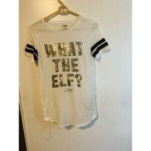 VICTORIAS SECRET PINK BLING SEQUIN "WHAT THE ELF" Holiday T-Shirt  NEW Medium